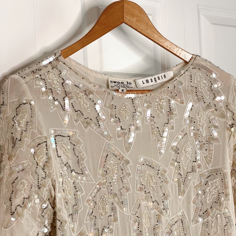 VTG 1970s 100% Silk Off-White Sequin Dress | Swee Lo for Imagnin | Size XS/S